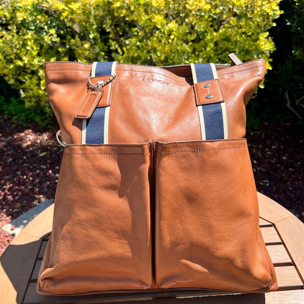 Coach Tan Leather Backpack with Navy Stripes